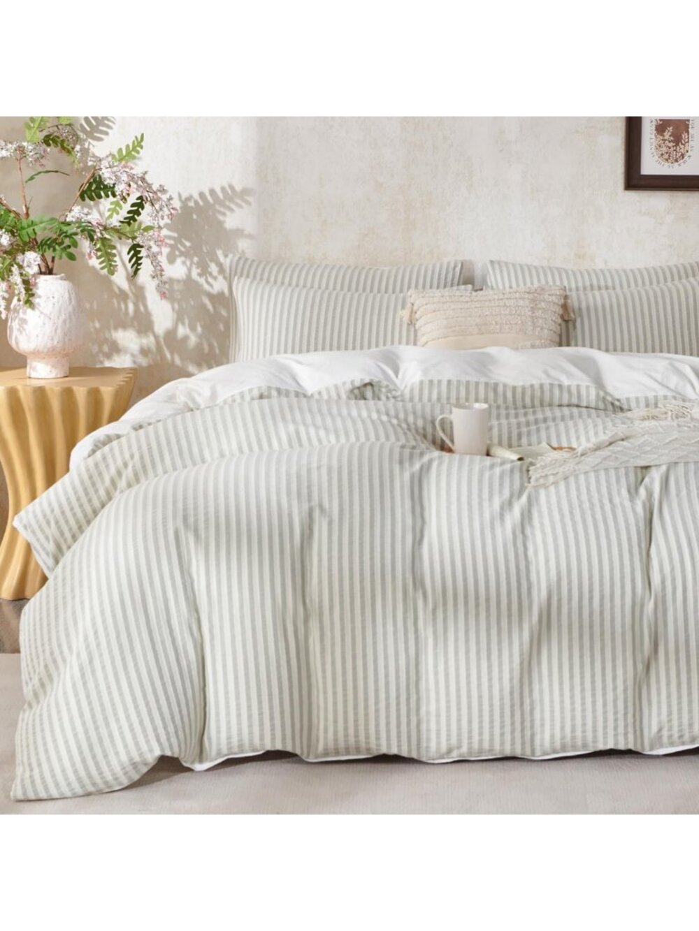 Luxury King Size Comforter Set - Sage Green Striped 100% Cotton Bedding, 3